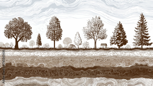 穏やかな空の下、様々な種類の木々が立ち並び、地層のようなテクスチャが特徴的な美しい森林風景のベクターイラストレーション。