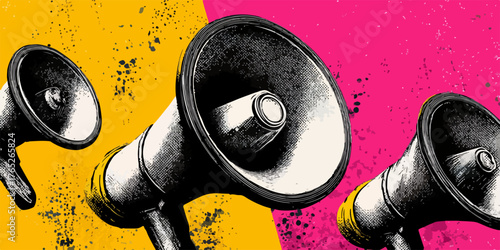 鮮やかな色使いとグランジテクスチャが特徴的なベクターイラストレーションで、複数のメガホンが力強く並び、緊急のメッセージや重要な発表を効果的に伝える様子を描写しています。