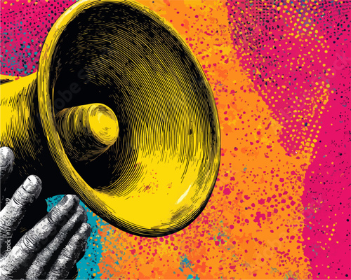 力強いメガホンが人々の注意を引く、鮮やかな色彩のグラフィックアート。