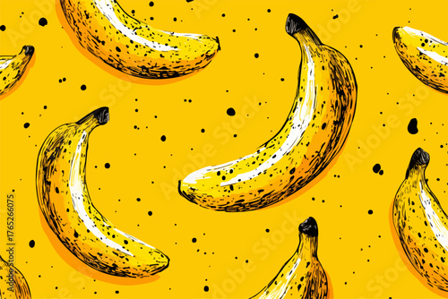 黄色い背景にバナナのイラストが散りばめられた、明るく楽しいシームレスパターン