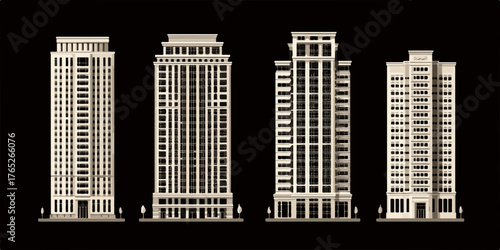 高層ビル群のベクターイラストは、都市景観や建築デザインのテーマに最適です。