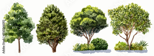 緑豊かな木々と低木が並び、自然の美しさを表現するベクターイラスト