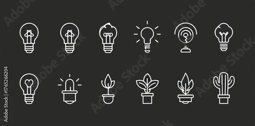 様々な電球や植物のアイコンセット、アイデアや成長を表現するデザイン