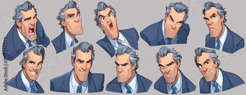 ビジネスマンの様々な表情を描いたベクターイラスト集。怒り、喜び、驚きなど感情豊かに表現。
