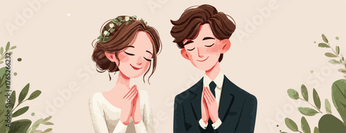結婚式で感謝の気持ちを表す幸せそうな新郎新婦のベクターイラスト