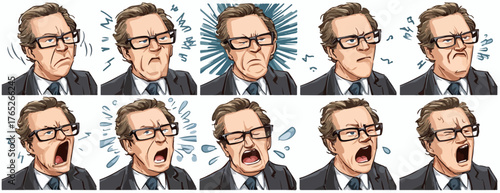 男性の様々な表情と感情の表現、ビジネスマンの怒りや驚きの感情を捉えたベクターイラスト