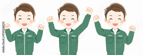 作業員がガッツポーズで喜びを表現するベクターイラスト