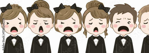 悲しい表情で歌う子供たちのコーラスグループのベクターイラスト