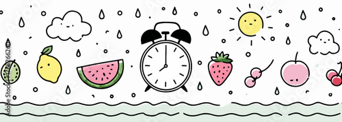 晴れや雨の天気と果物、目覚まし時計が描かれた可愛らしいベクターイラスト