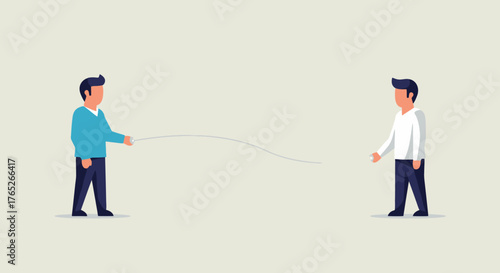 Conceptual Illustration of Two People Holding a Thin, Taut Line, representing communication, connection, or tension, Suitable for depicting business concepts, relationships, or challenges.