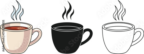 Three cups of hot beverage in color, silhouette, and outline style
