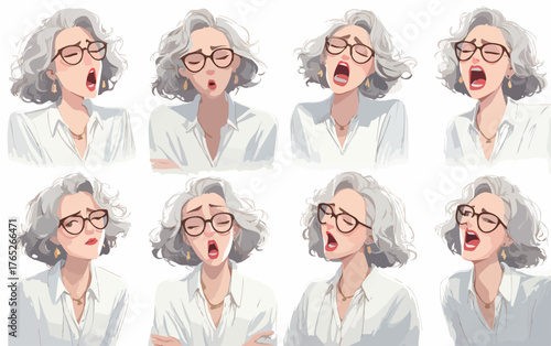 様々な表情を見せる眼鏡をかけた年配女性のベクターイラスト集