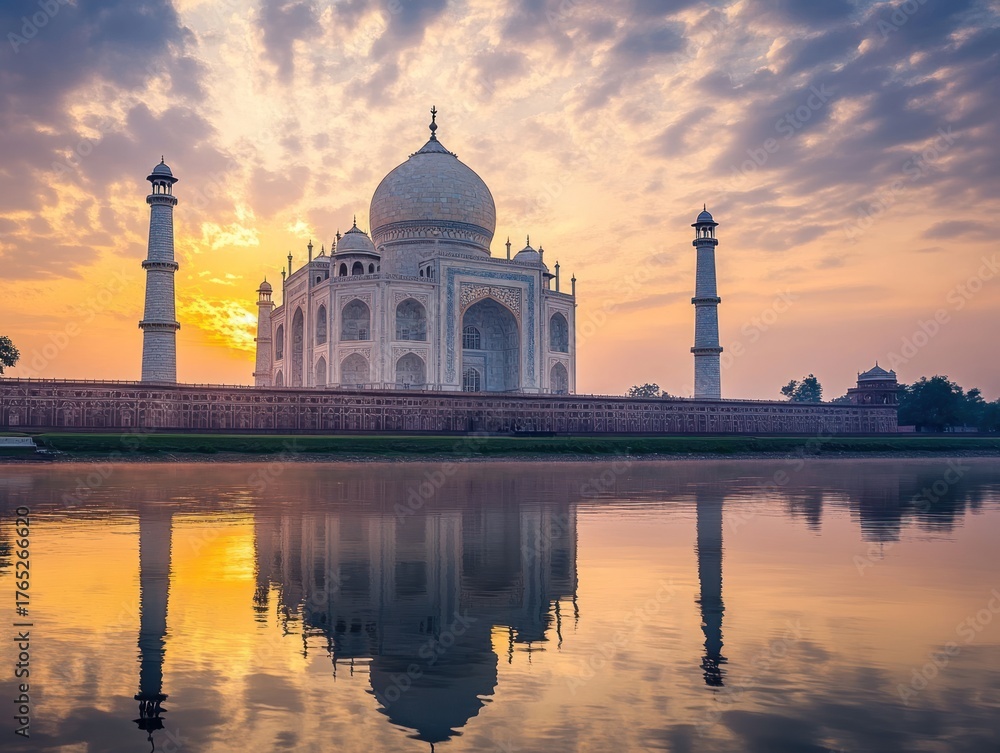 Fototapeta premium Majestic sunrise over the Taj Mahal reflected in the river