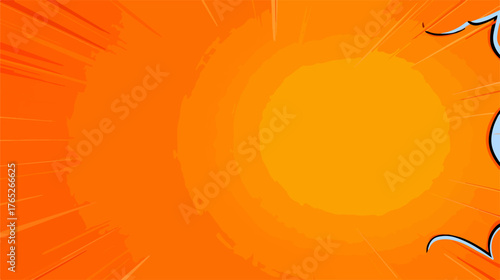 太陽の光が降り注ぐ鮮やかなオレンジ色の背景に、漫画風の爆発エフェクトが描かれています。