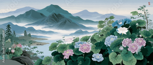 山水画に描かれた紫陽花と霧深い山々の幻想的な風景