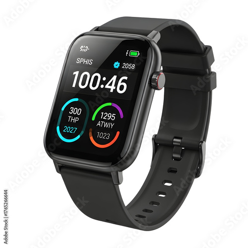 Closeup of a black smartwatch displaying health data isolated on transparent background, showcasing modern technology