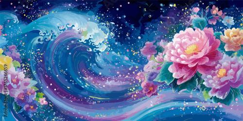 幻想的な夜空の下、満開の牡丹の花が輝く波に乗って咲き誇る様子