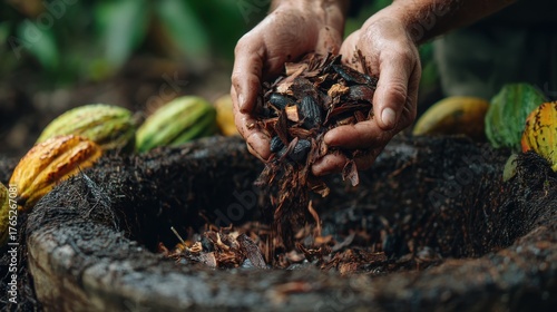 Cocoa waste utilization involves hands holding organic material above bowl, surrounded by cocoa pods, symbolizing sustainability, innovation and circular economy