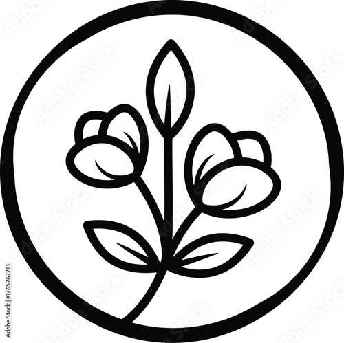 Elegant floral emblem isolated on transparent background, featuring delicate blossoms and leaves within a clean, circular frame, perfect for minimalist designs