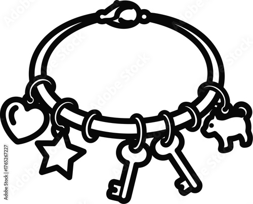 Charming charm bracelet isolated on transparent background, adorned with heart, star, keys, and dog charms in a playful, whimsical line art style