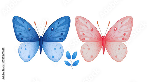 Delicate symmetrical blue and pink pastel butterfly illustration