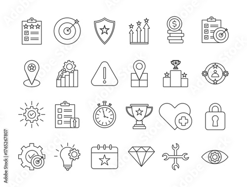 gamification n icon set collection style outline. Contain scoreboard, goal, badge, level, achievement coin, challenge coin, alert, map, competition