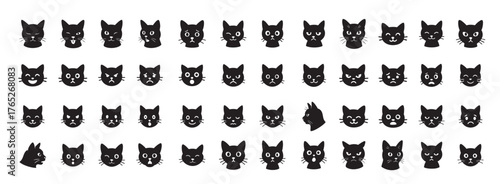Set of black silhouette cat faces with various emotions isolated on white background. Concept of pet icon, feline expression, cute kitty face collection, animal expressions, cartoon design elements