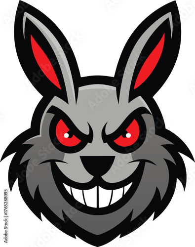 A stylized, fierce cartoon rabbit face with gray fur, red eyes, and long ears. The expression is menacing, featuring a wide, toothy grin.