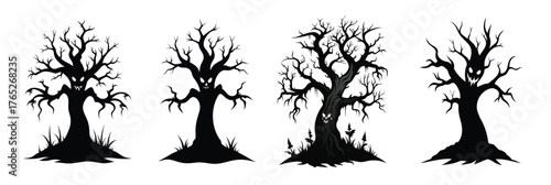 Set of Black silhouettes of spooky hounted trees with ominous faces and creepy roots isolated on white background. Concept of Halloween, horror, haunted forest, evil nature. Print. vector