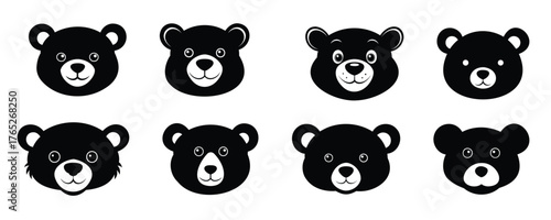 Set of Black silhouettes of toy bear faces isolated on a white background. Cute plush bear heads. Concept of kids toys, childhood, fun, game, playtime, minimalist design. Print, icon, design elements 