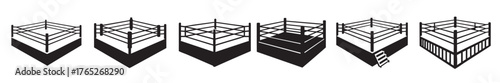 Set of black silhouettes of boxing rings in various styles, isolated on white background, graphic illustration. concept of sports, championship, martial arts, icon, logo, design element