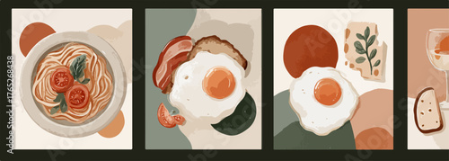 Abstract watercolor illustrations featuring various food items including pasta, fried eggs, and a glass of wine with bread, showcasing a modern artistic style.