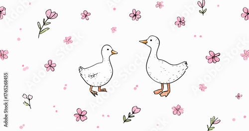 Urocza ilustracja wektorowa przedstawiająca dwa białe kaczki otoczone delikatnymi różowymi kwiatami i zielonymi gałązkami na białym tle.