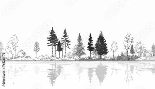 Minimalistyczna ilustracja wektorowa krajobrazu z odbiciem drzew w spokojnej wodzie, idealna do projektów graficznych i dekoracji.