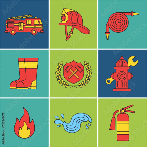 Colorful Firefighting Icons and Emergency Services Elements Pattern