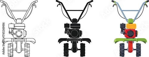 Illustration of a Two Wheeled Tractor Tiller in Different Styles