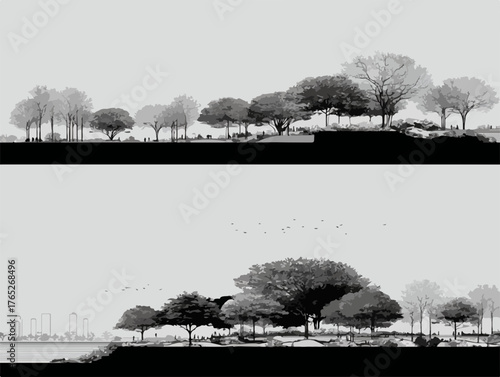 Czarno-biała wektorowa ilustracja przedstawiająca krajobraz z drzewami i linią horyzontu, idealna do projektów graficznych i prezentacji.