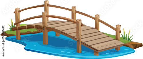 A simple illustration of a wooden bridge arching over a small blue pond, with grass and soil on either side, creating a peaceful and serene scene.