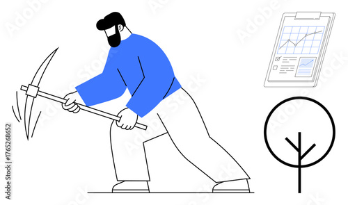 Worker mining with pickaxe, tree symbolizing growth, clipboard displaying metrics and data trends. Ideal for sustainability, data analysis, environmental work, progress, productivity, resource