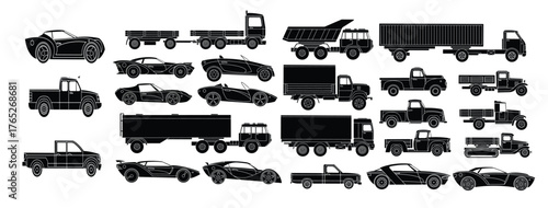 set of drawn cars side view black silhouette with detailed 