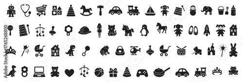 Set of kids toys in black silhouette icons, isolated on white background. concept of childhood, playful collection, toy designs, playtime fun, iconic shapes, children s graphic. vector