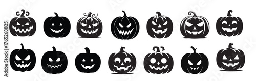 Set of Black silhouettes of Halloween pumpkins isolated on white background. Clip art of Jack-o-lanterns. Concept of Halloween, festive decor, spooky symbol. Icon, print, design elements