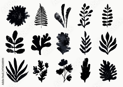 Zestaw wektorowych ilustracji przedstawiających różne rodzaje liści i gałązek w czarno-białej kolorystyce, idealny do projektów graficznych.