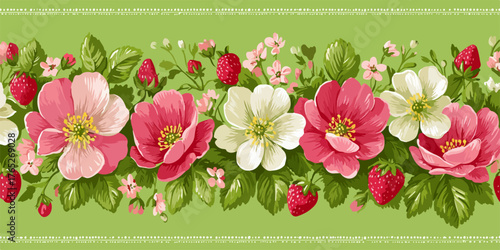 Wzorzyste obramowanie z kwiatami i truskawkami na zielonym tle
