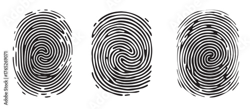 Set of Fingerprint patterns, clear lines and swirls. Human thumbprint. Icon, pictogram, logo. Black and white illustration. Vector isolated on a white background. Security concept.