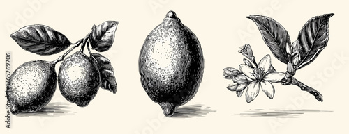 Ilustracja wektorowa cytrusów z owocami i kwiatami na gałązce