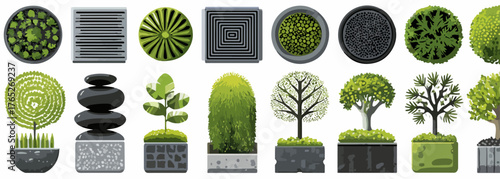 Kolekcja zielonych roślin ozdobnych i kamieni w nowoczesnych donicach, idealna do projektów ogrodniczych.