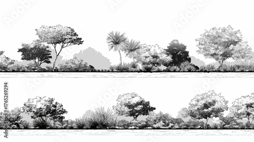 Rysunek wektorowy przedstawiający różnorodne drzewa i krzewy tworzące naturalny krajobraz.