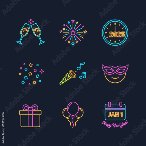Neon New Year's Eve 2025 Celebration Icons on Dark Background
