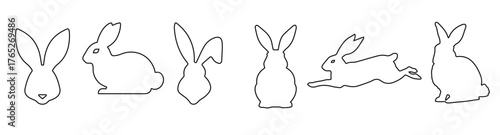  set of rabbits in outline easter bunnies isolated on white